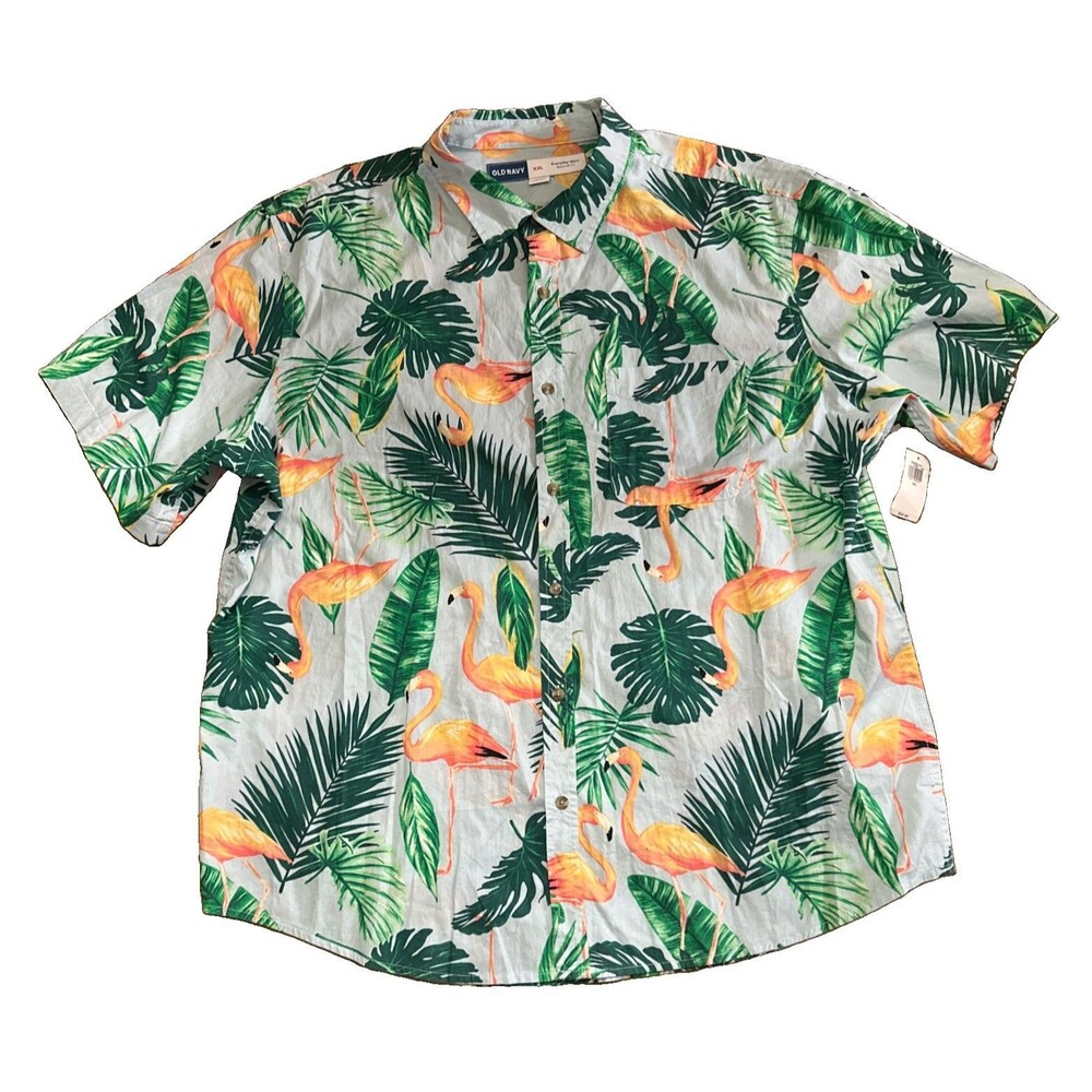 Old Navy Mens Hawaiian Style Shirt Size XXL 100% Cotton Pink Flamingo Print